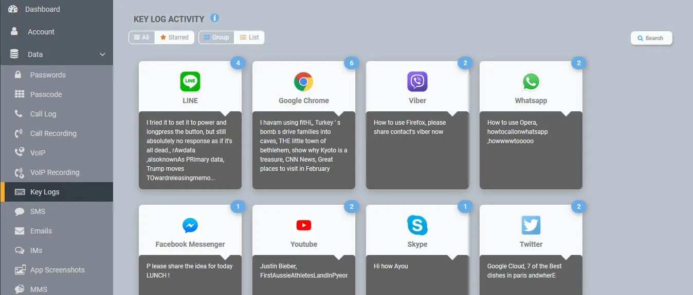 Schermata delle funzionalità aggiuntive di FlexiSpy