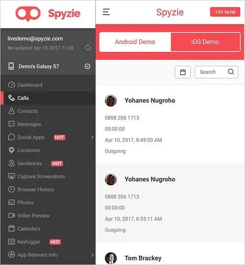 Registro chiamate di Spyzie
