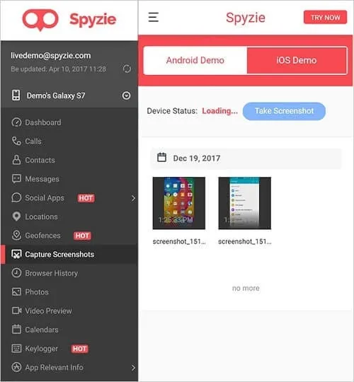 Schermate remote di Spyzie